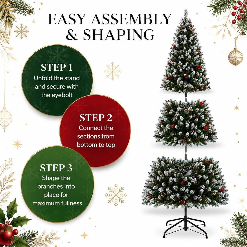 7FT Pre-Lit Artificial Christmas Tree, Snow Flocked Hinged Pine Tree with Warm White Lights, Red Berries & Pine