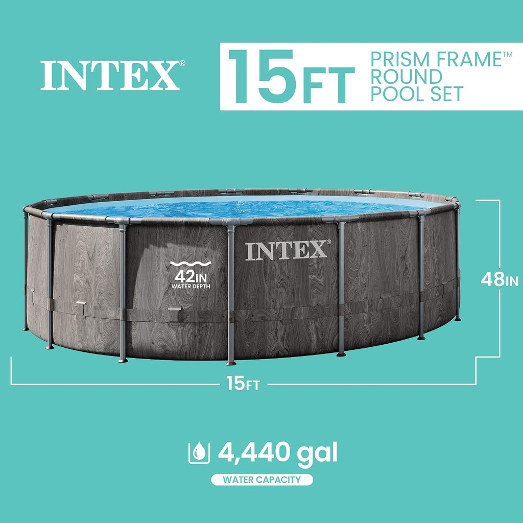 Greywood Prism Frame 15' x 48" Round Above Ground Outdoor Swimming Pool Set with 1000 GPH Filter Pump, Ladder, Ground