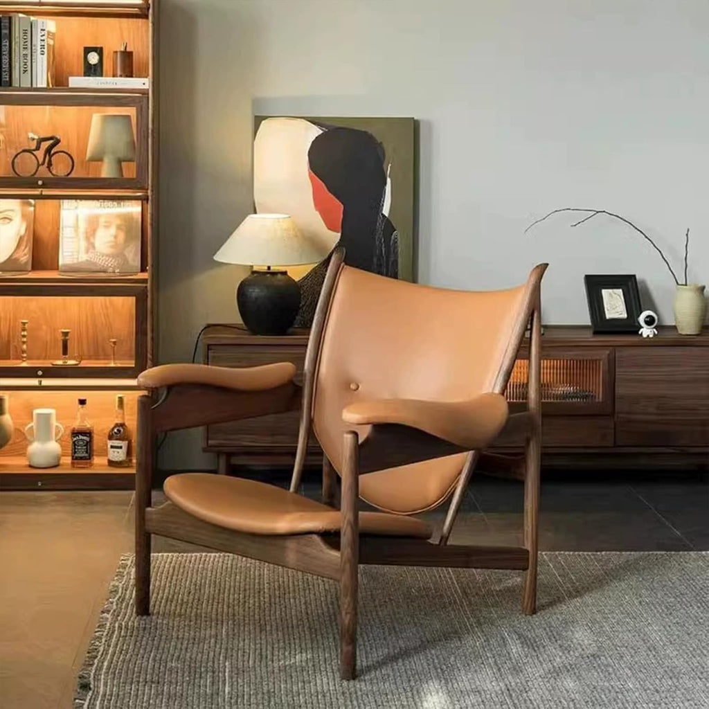 Inspired Chieftain Style Lounge Chair — Cognac Brown Leather, Solid Ash Frame