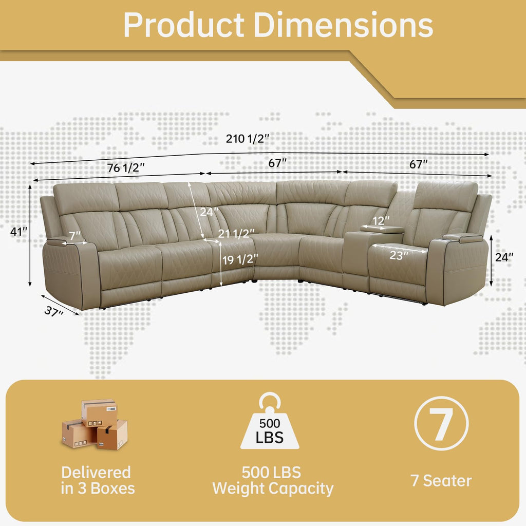 Power Reclining Leather Sectional Sofa Theater, Electric Recliner Couch with Wireless Power, LED Ambient Lighting
