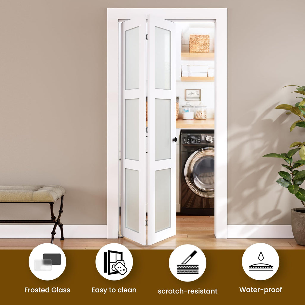 Bifold Door for 28"x 80" Opening, Tempered Frosted Glass, MDF