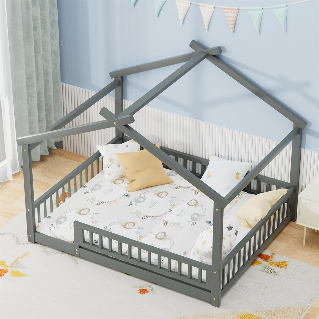 House Bed with Fence, Wooden Montessori Bed with Slats Support, Floor Bed Frame for Boys Girls Bedroom, Gray