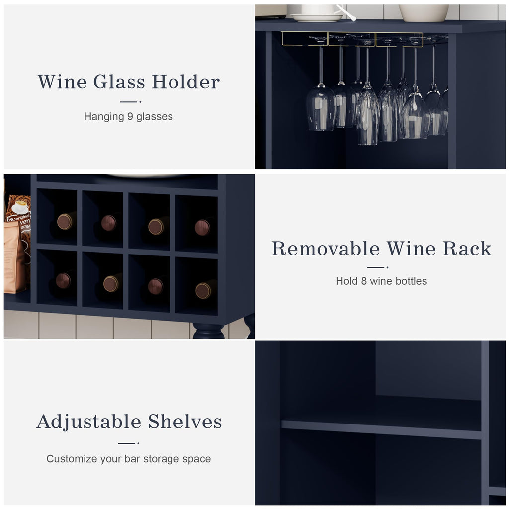 Arched Fluted Coffee Bar Cabinet with Storage& Wine Racks, Blue
