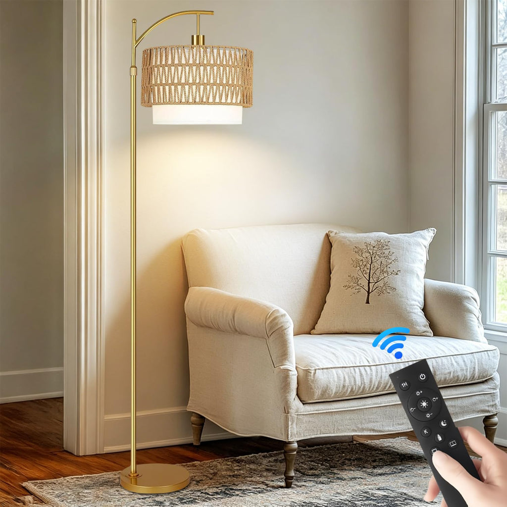 Gold Floor Lamps Rattan Boho Floor Lamp with Remote Control & 3 Color Temperature, Dimmable Arc Floor Lamps Wicker
