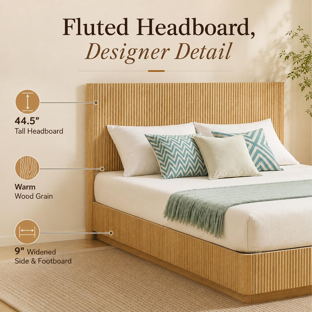 Queen Size Floor Platform Bed Frame with 44.5"h Fluted Headboard, Oak