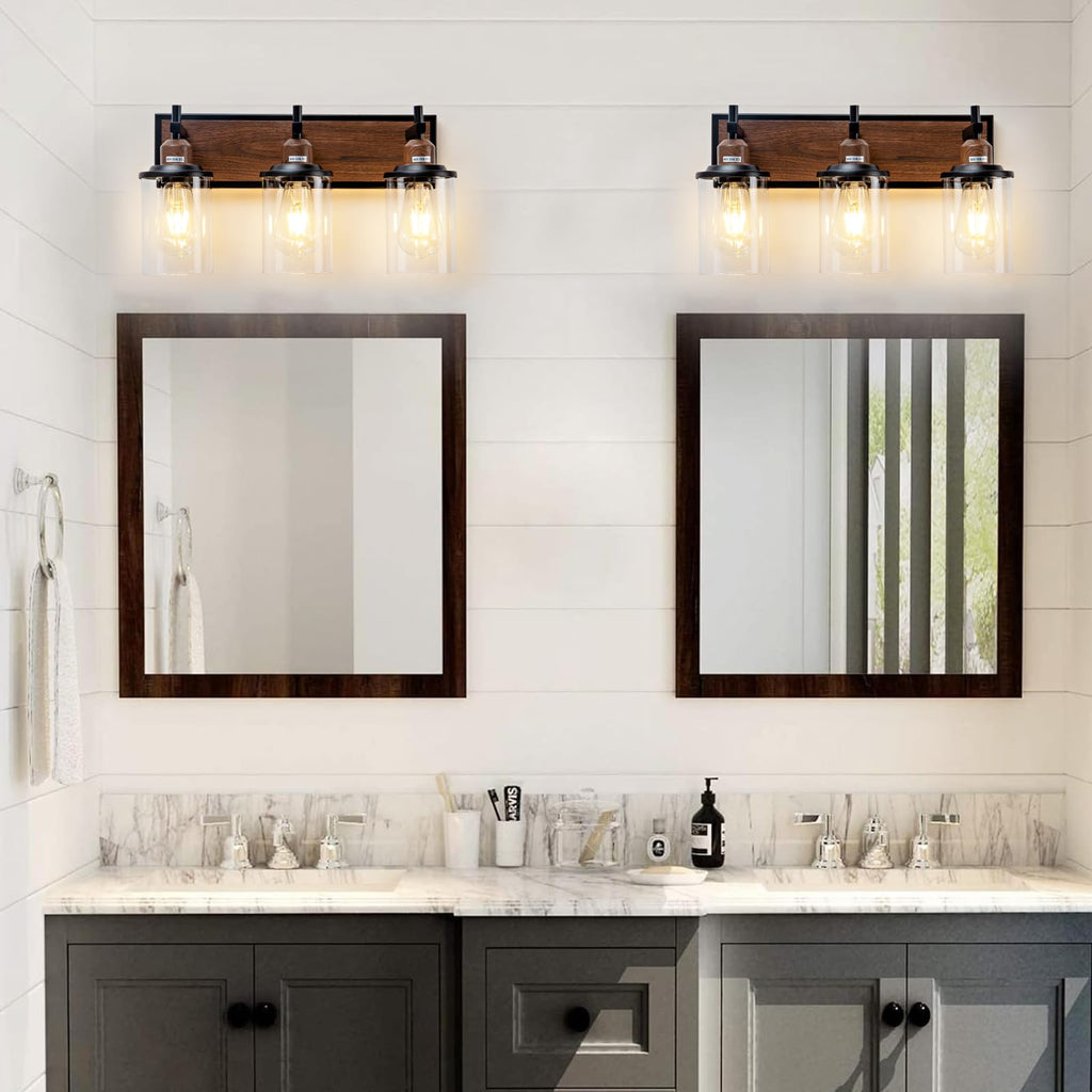 3-Light Farmhouse Bathroom Light Fixtures Vintage Vanity Lights Over Mirror Black and Wood Painted Metal Vanity Light