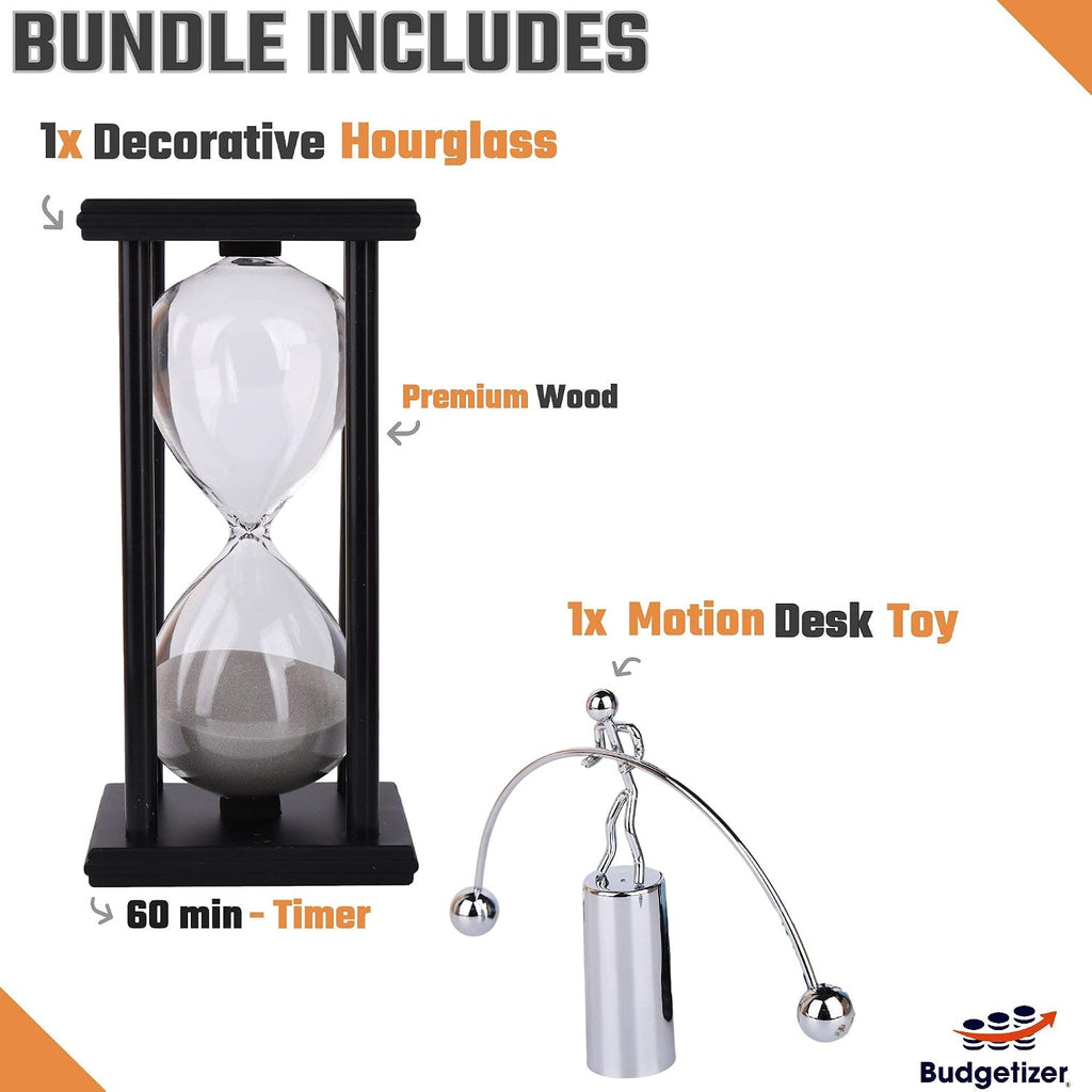 Decorative Sand Timer Clock Hourglass -with Balance Physics Motion Desk Toy Sculpture -(Light Gray) 60 Minute - Set of 2