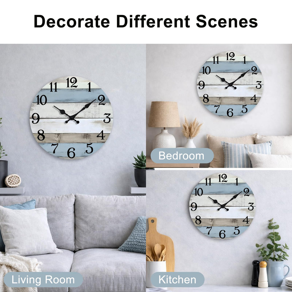 14 Inch Wall Clocks Battery Operated, Silent Non Ticking Wall Clock Wood, Coastal Country Design Rustic Wall Clocks
