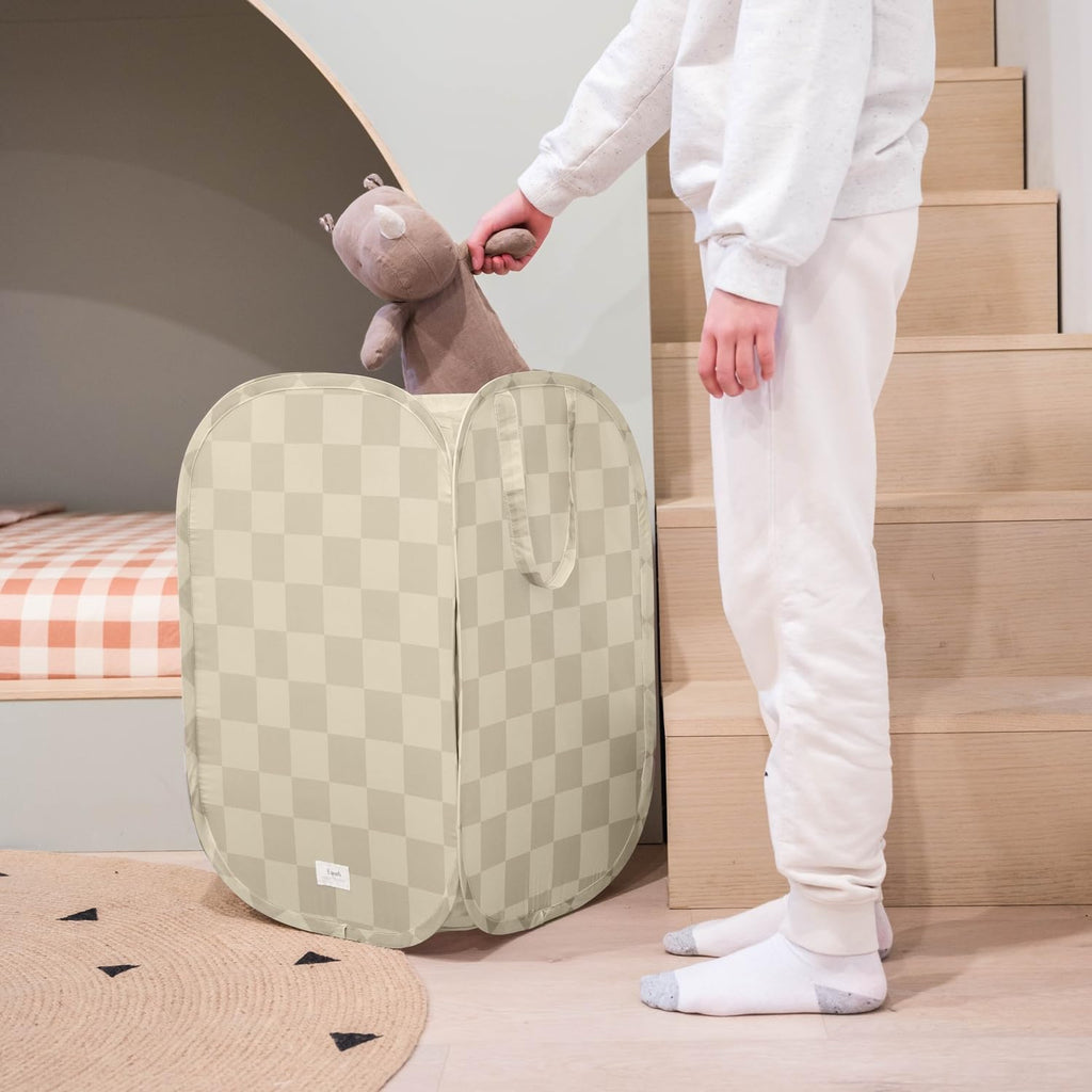 Pop Up Hamper, Collapsible Laundry Basket, Checkerboard Beige