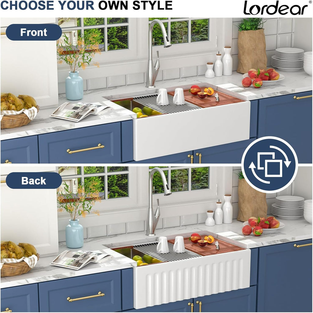 33 Inch White Farmhouse Kitchen Sink Workstation Fireclay | Double Bowl Farmer house Apron Front Sink 50/50