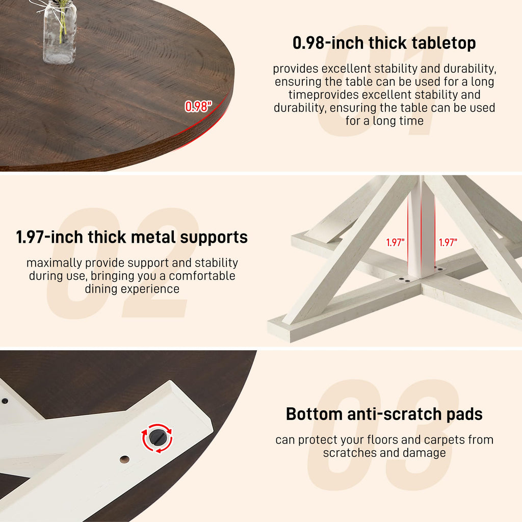 Round Wood Dining Table, Farmhouse Dinner Tables W/Thickened Brown Waterproof Tabletop for 4 People, 47 inch Rustic