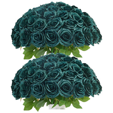 50pcs Emerald Green Roses Artificial Flowers Bulk, Fake Roses Silk Flower with Stems Realistic Flowers for Wedding