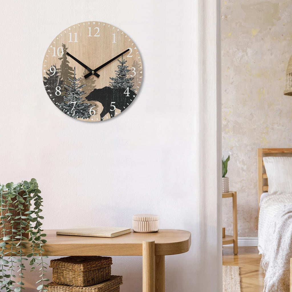 Cabin Bear Wall Clock 12 Inch Silent Non Ticking Clock Wooden Forest Wildlife Mountain Lodge Clock Battery Operated