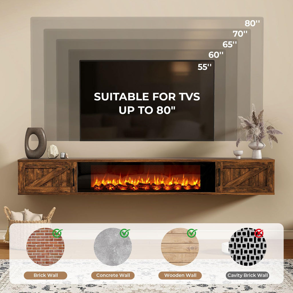 Floating TV Stand with 36" Electric Fireplace, 70" Farmhouse Entertainment Center for TVs Up to 80" Wall Mounted