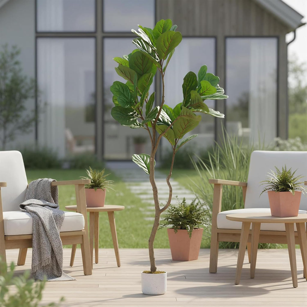 5FT Artificial Fiddle Leaf Fig Tree in White Planter, 61" Tall Fake Plants Ficus Tree with Fake Moss and Trunk