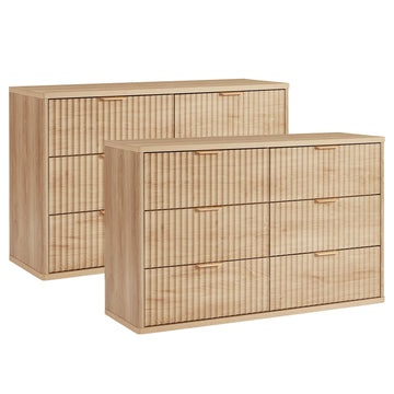 Fluted 6 Drawers Dresser Set of 2, 48" Wide Modern Chest of Drawers with Metal Handle, Natural Curved Profile