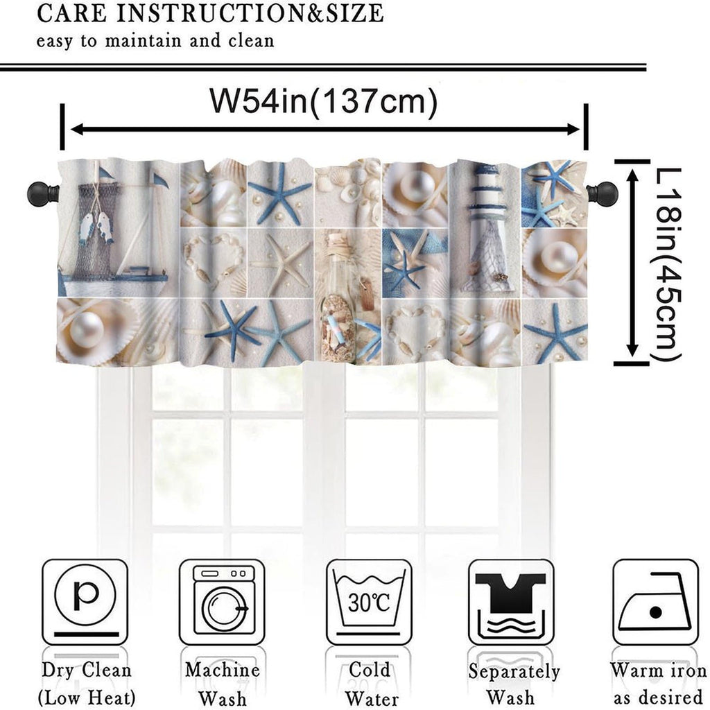 Nautical Valance Curtain Coastal Lighthouse Starfish Collage Plaid Art Printed Window Drapes Kitchen Decor W54xL18in