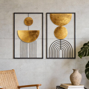 Abstract Geometric Wall Decor Set, Gold and Black Metal Wall Art with Circular and Linear Designs, 2 Piece Framed