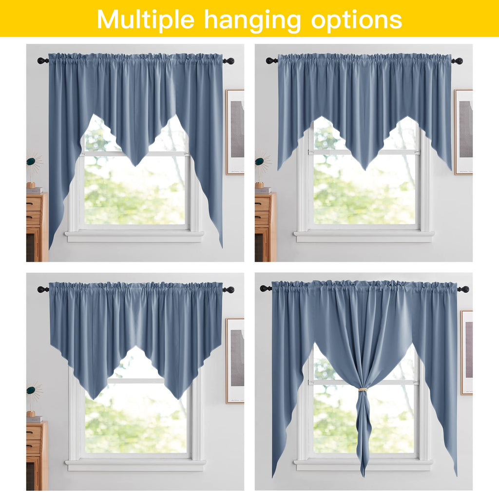 Balckout Swag Curtain Valances, Farmhouse Rod Pocket Energy Saving Small Window Tiers for Thanksgiving, Stone Blue