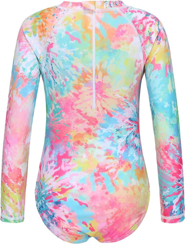 Girls Long Sleeve Rash Guard One Piece Swimsuits for Kids Tie Dye Bathing Suit UPF 50+ Swim Shirts