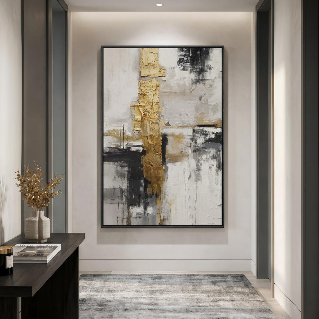 Extra Large Framed Black White Gold Abstract Wall Art, Vertical 40x60 In