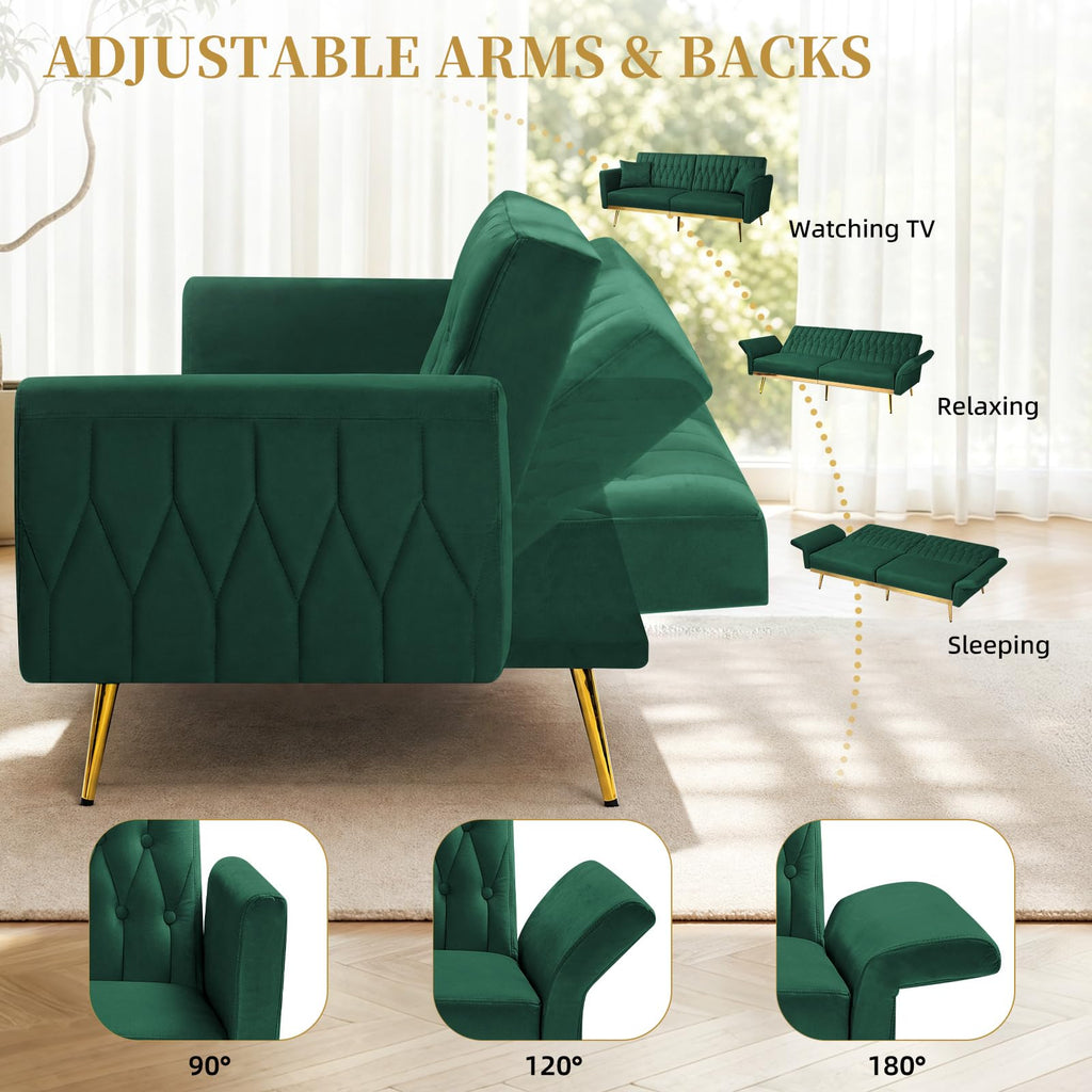 70" Futon Sofa Bed w/Adjustable Armrests, Green