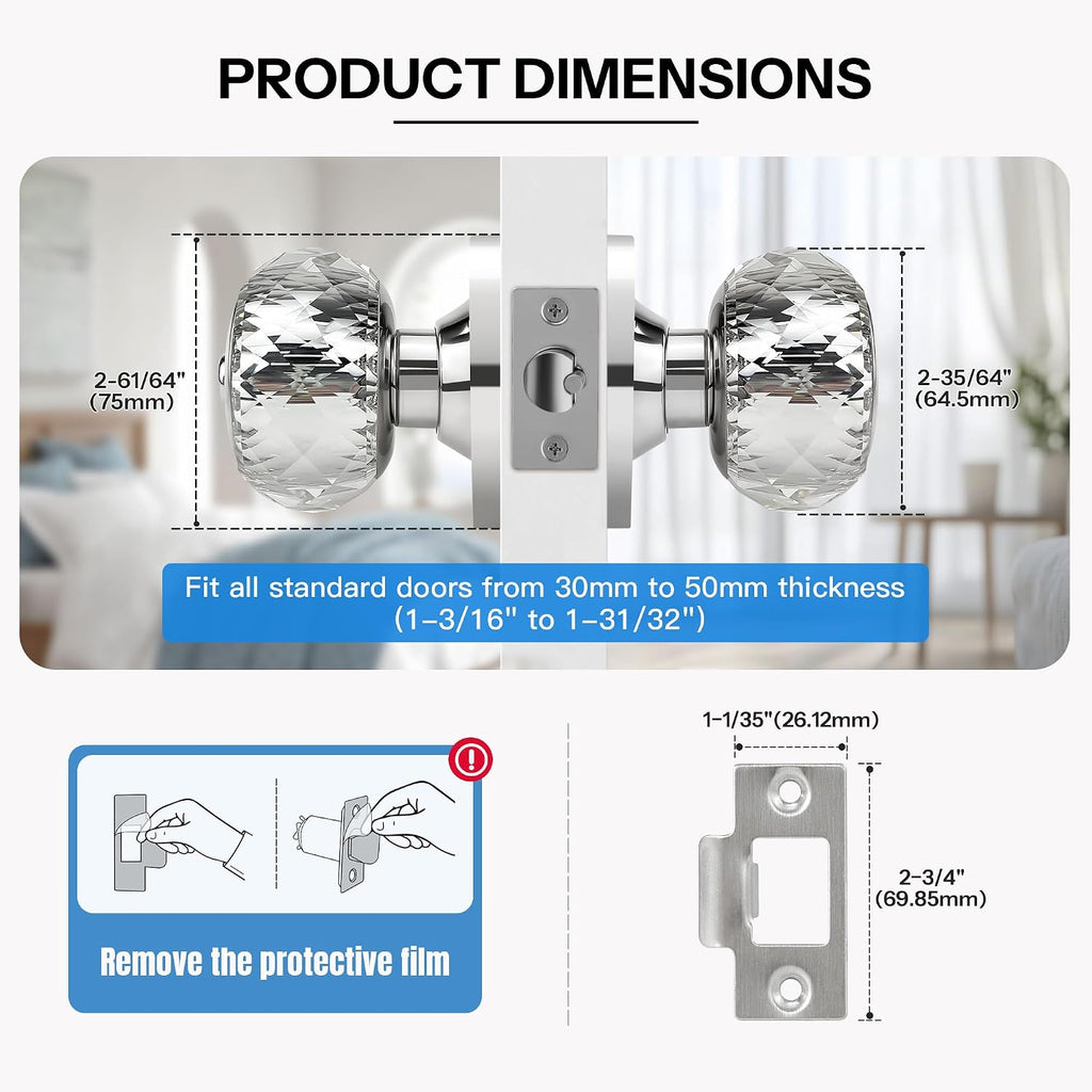 Crystal Door Knobs with Lock and Keys, Glass Door Knobs with Privacy Lock, Luxurious Diamond Door Knob, Classic