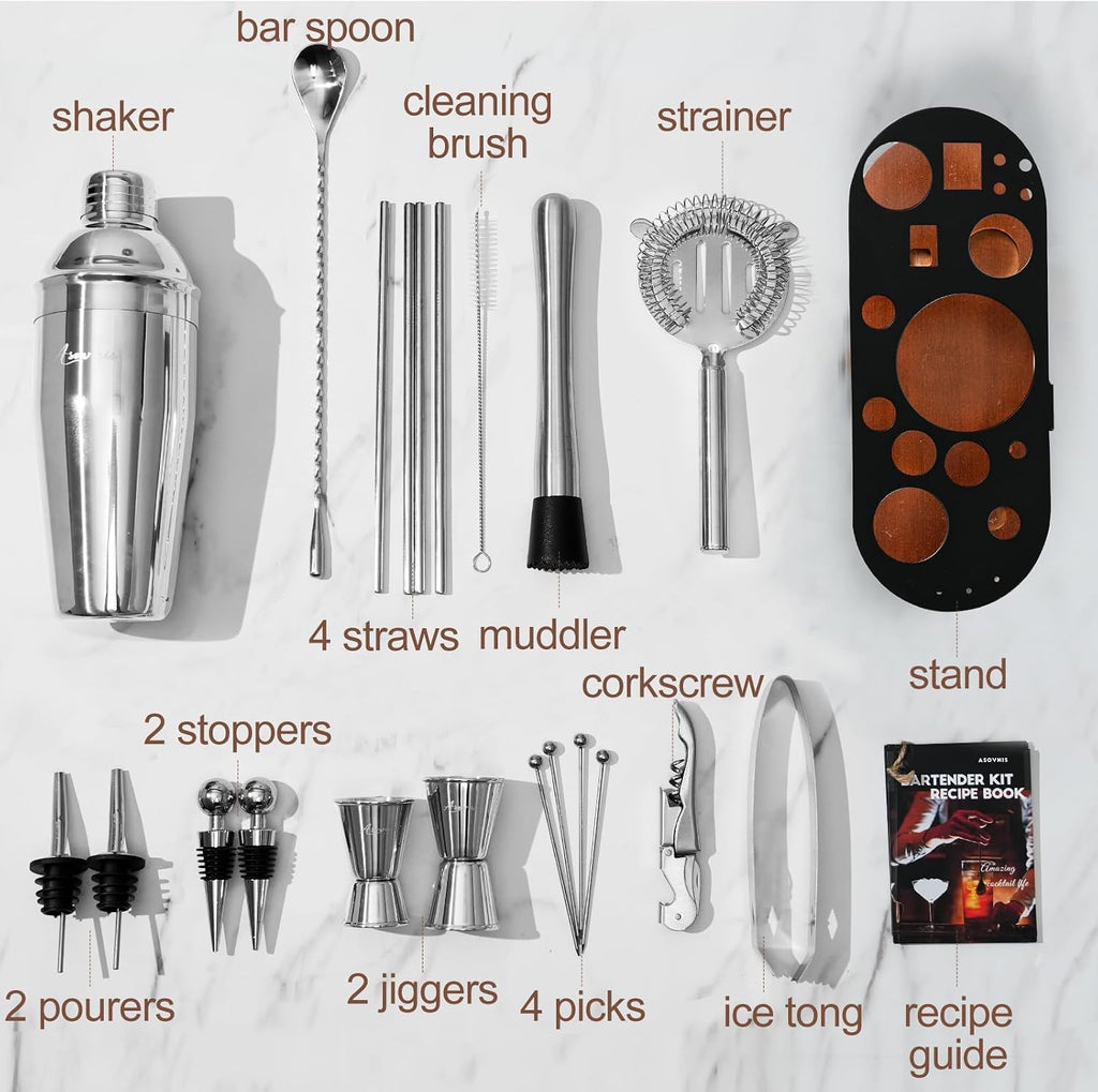 23-Piece Cocktail Shaker Set with Stand, 304 SS, Bartender Kit Gift - Set of 23