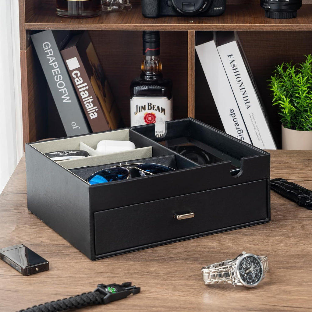 2 Layers Valet Tray Gift for Men, Nightstand Organizer EDC Dump Catchall Trays with Phone Charging Station, Dresser