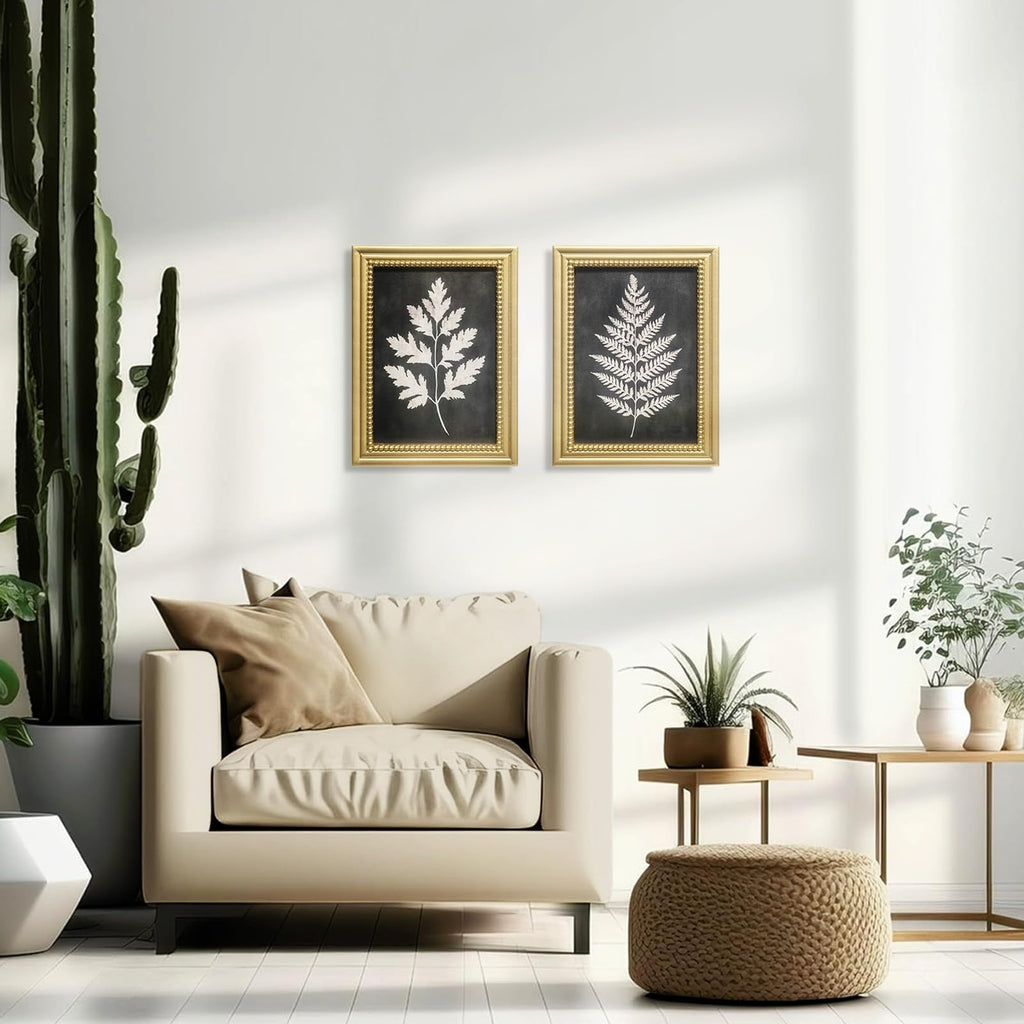 Gold Framed Wall Art Set of 2 - Vintage Botanical Fern Prints, Black Canvas Paintings Wall Decor, Rustic Plant
