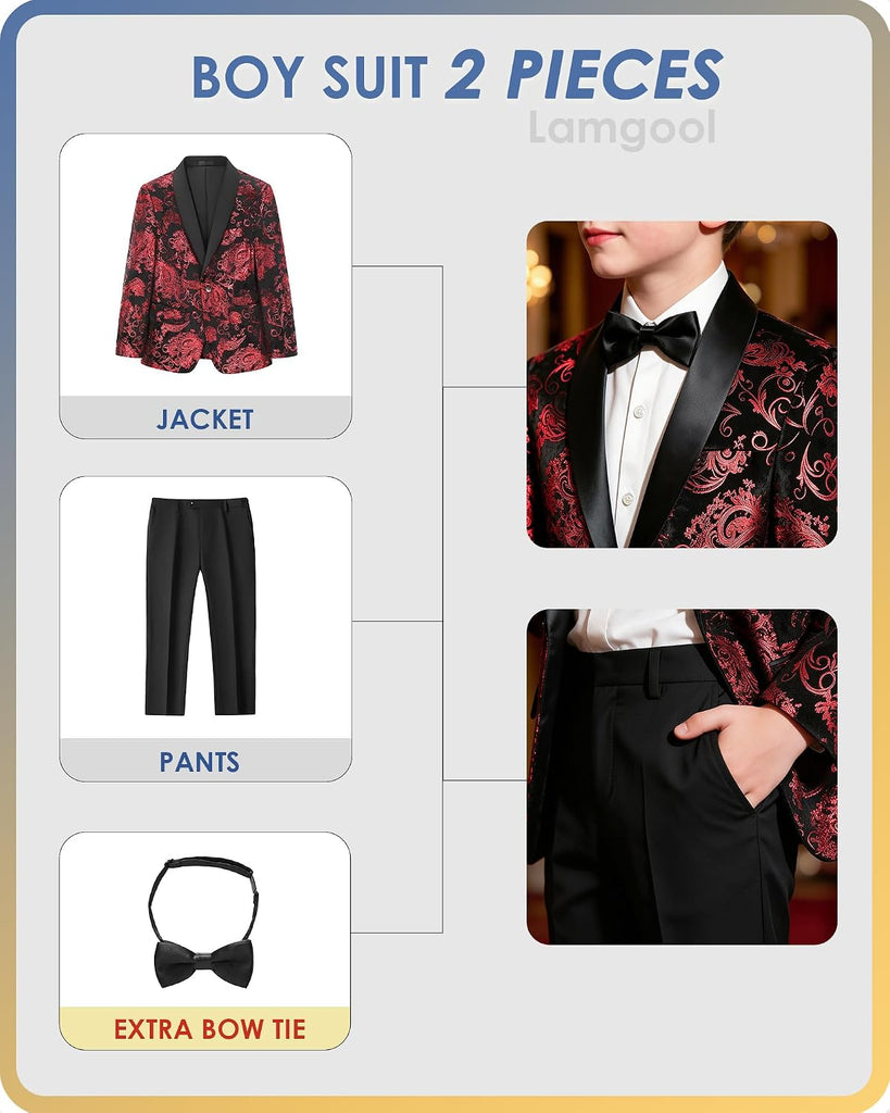 Boys Tuxedo Suit 2 Piece Slim Fit Kids Prom Paisley Jacket Pant Set