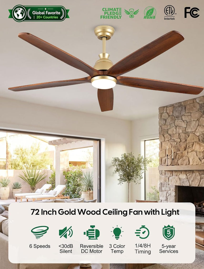72 Inch Ceiling Fan with Light, Gold Brass Finish, 5 Solid Walnut Wood Blades, Remote, Quiet DC Motor for High Ceilings