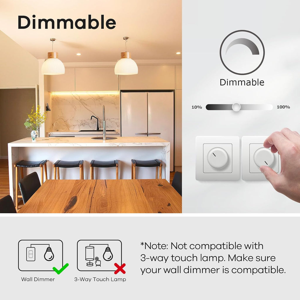 A19 LED Light Bulbs Dimmable, 60W Equivalent, Energy Efficient 9W, 2700K, 800 Lumens, E26 Standard Base, Lighting for