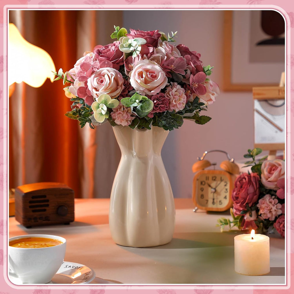 6 Pcs Artificial Peony Silk Florals Fake Mix Silk Peony Rose Faux Flower Hydrangea Bouquet Elegant Realistic Wedding