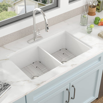 32"x19" White Undermount Kitchen Sink Double Bowl - White Ceramic Porcelain Fireclay Dual Mount Double Bowl 50/50