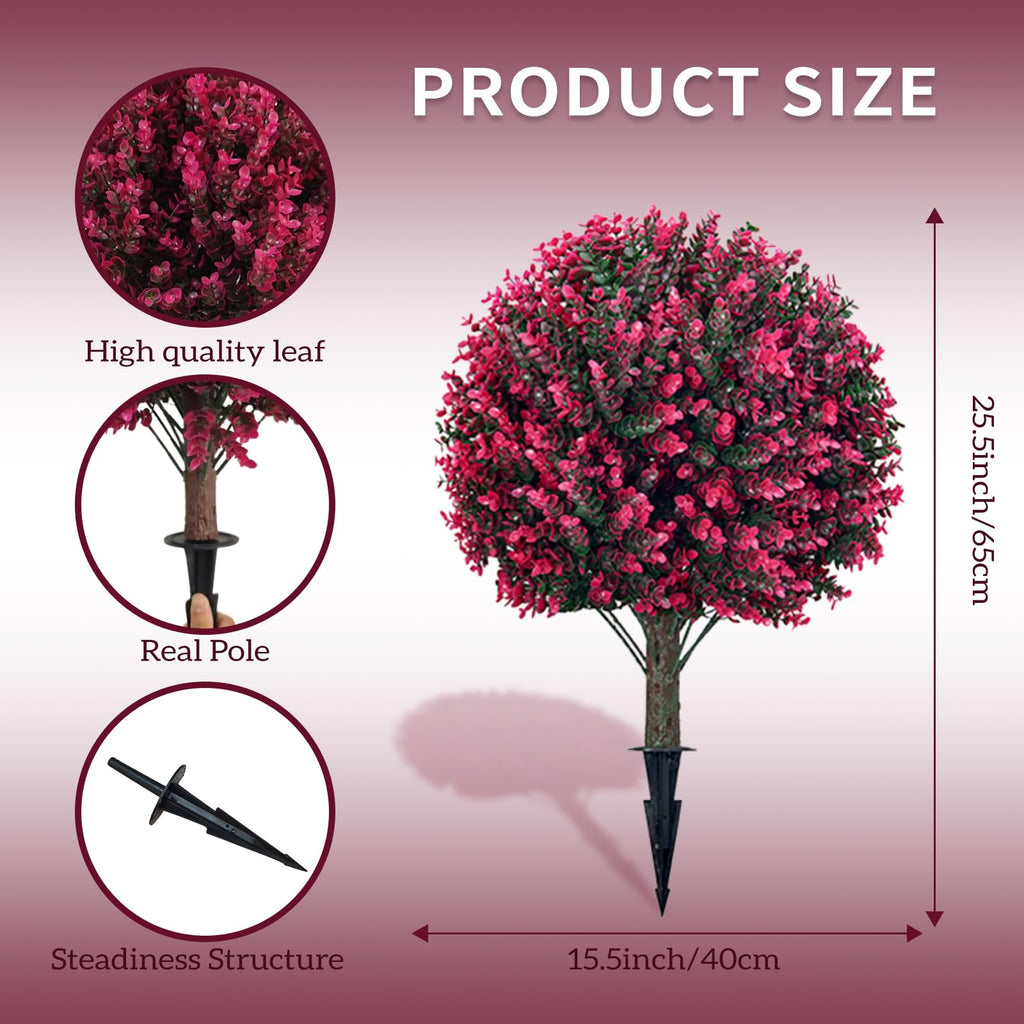Red Eucalyptus Topiary Ball Tree, Outdoor Faux Evergreen Shrubs with Ground Spike, UV Resistant Fade Proof Fake