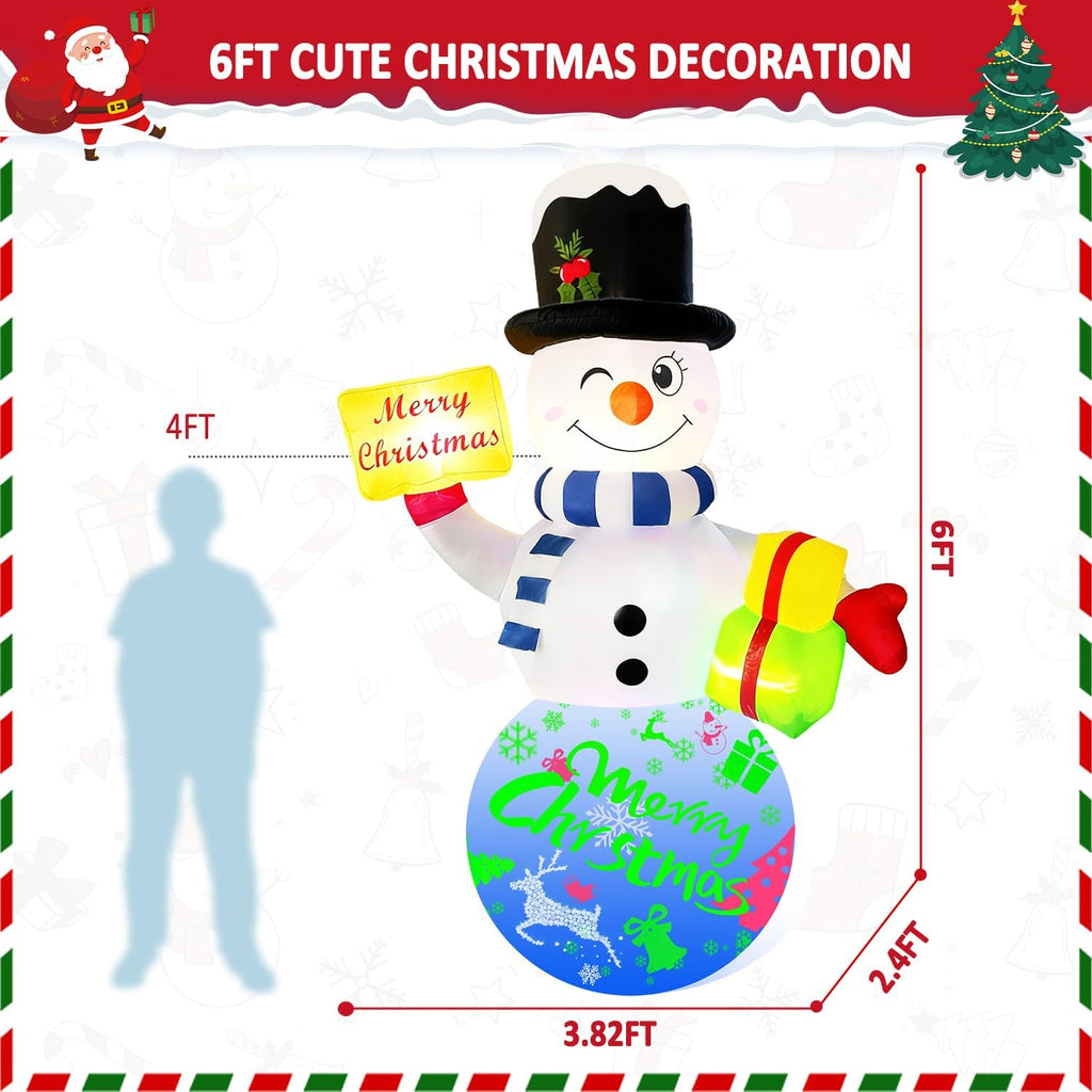 6FT Christmas Inflatables Snowman Outdoor Christmas Decorations Blow Up Snow Man Decor Built-in Rotating Music Box