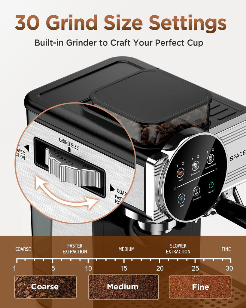 Espresso Machine with Grinder and Frother, 30 Grind Settings, 20 Bar
