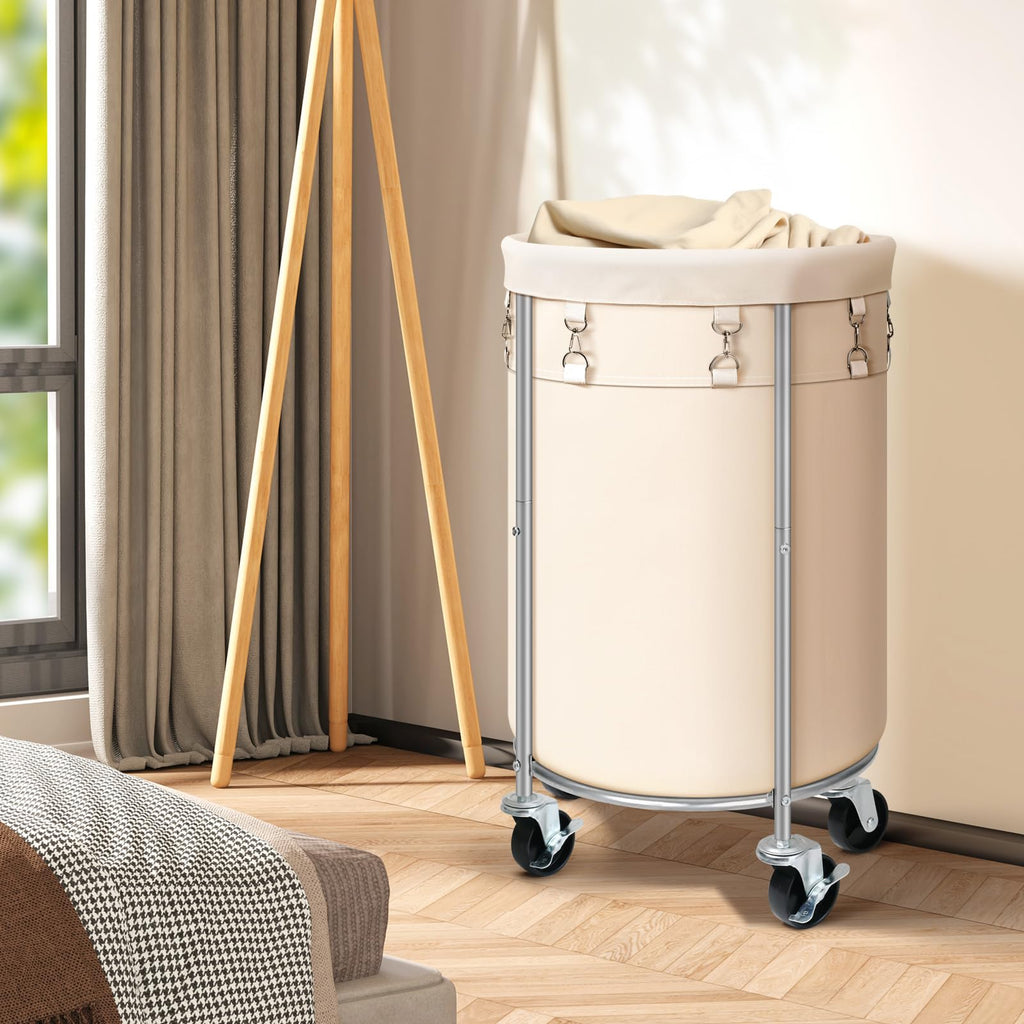 100L Round Rolling Laundry Hamper Basket with Wheels, Beige