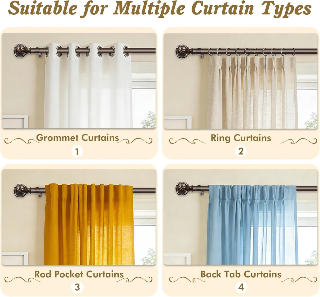 Curtain Rods for Windows 2 Pack, Bronze| 6/8" Diameter, 22lbs Weight Capacity, Decorative Adjustable