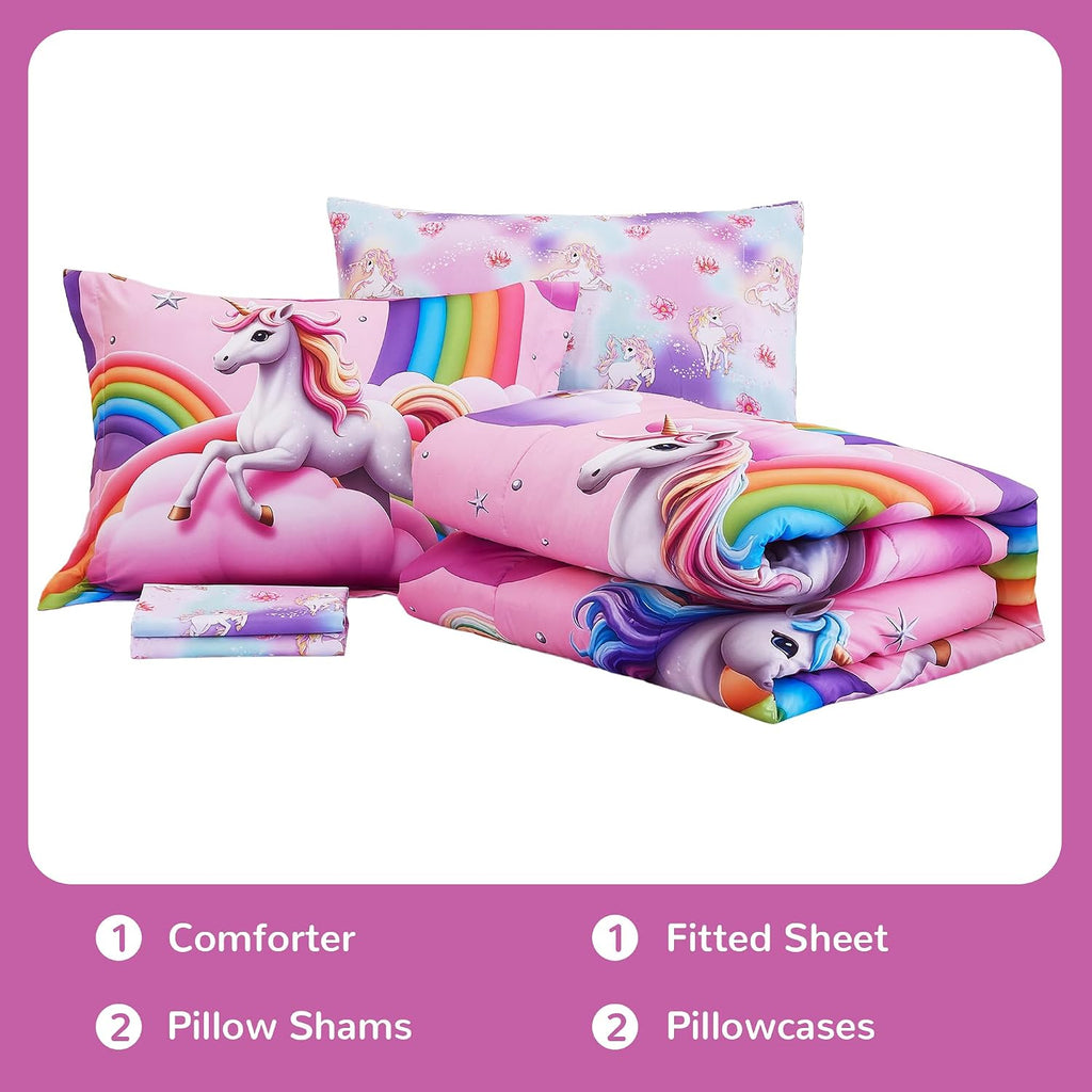 Kids Full Bedding Sets for Girls, Soft Full Comforter Set with Sheets, 7 Pieces Microfiber Bed in a Bag, White