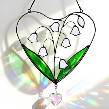 Lily of the Valley Stained Glass Window Hanging - 7.9" Real Glass Suncatcher with Chain & Suction Hook, White Flower