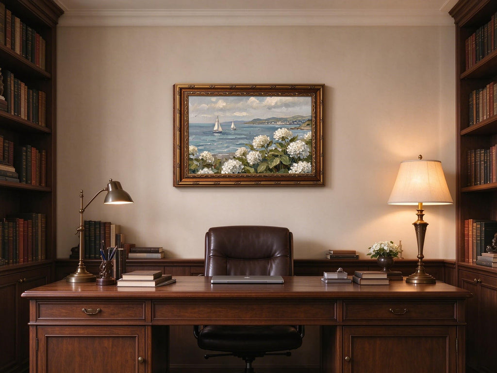 3D Vintage Coastal Wall Art Hydrangea Sailboat Ocean Landscape Oil Painting Textured Seascape Artwork Vintage Gold