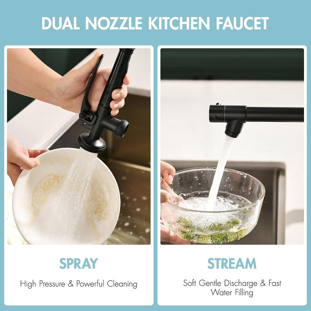 Matte Black Commercial Kitchen Faucet with Pull Down Sprayer | Soap Dispenser Included, Commercial Style, Double Head