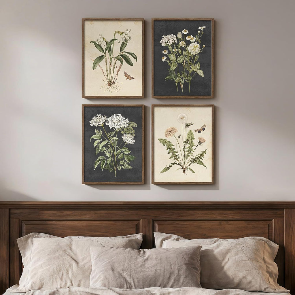 Framed Vintage Botanical Wall Art Bedroom, 4 Piece Rustic Farmhouse Floral Canvas Prints Artwork, Neutral Flower