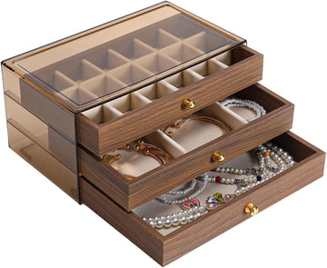 3 Layer Wooden Drawers Jewelry Box Vintage Style Jewelry Organizer with Acrylic Cover, Jewelry Storage Display Box
