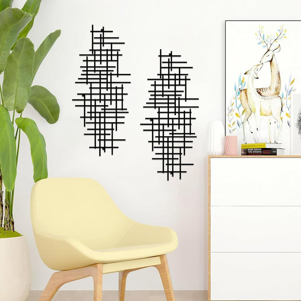 Abstract Geometric Line Metal Wall Decor, Minimalist Black Abstract Line Wall Art Sculpture, 19.6in×8.7in Modern - Set of 2