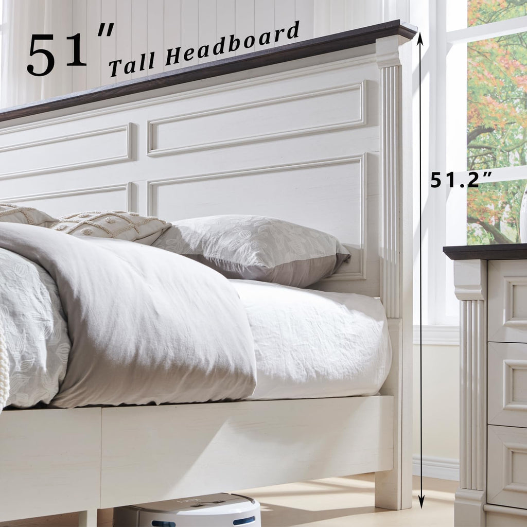 Farmhouse King Bed Frame with 51" Tall Headboard, Wood Platform Bed Frame with 20" Tall Roman Column Decoration