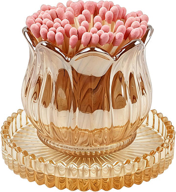 Glass Match Holder with Striker, Lily Shape Match Jar,Brown:Lily:1