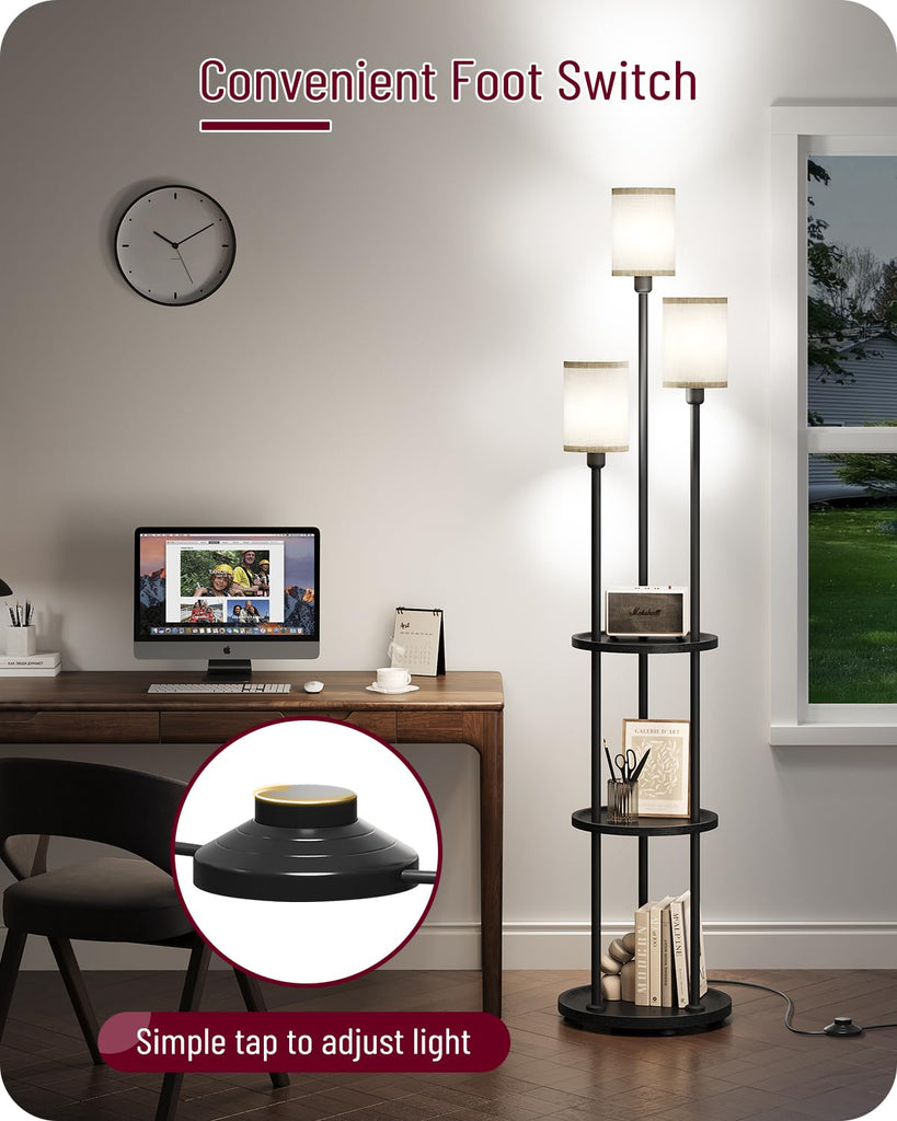 Floor Lamp with Shelves, 3-Light Floor Lamps, Modern Standing Lamp with Linen Shades and Foot Switch, 66.1'' Tall